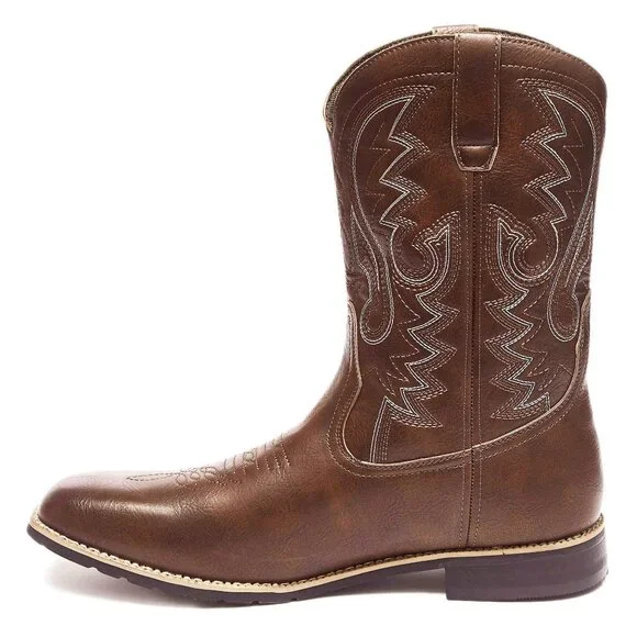 Dark Brown Men's Cowboy Western Embroidered Square Toe Boots - Picture 4 of 7